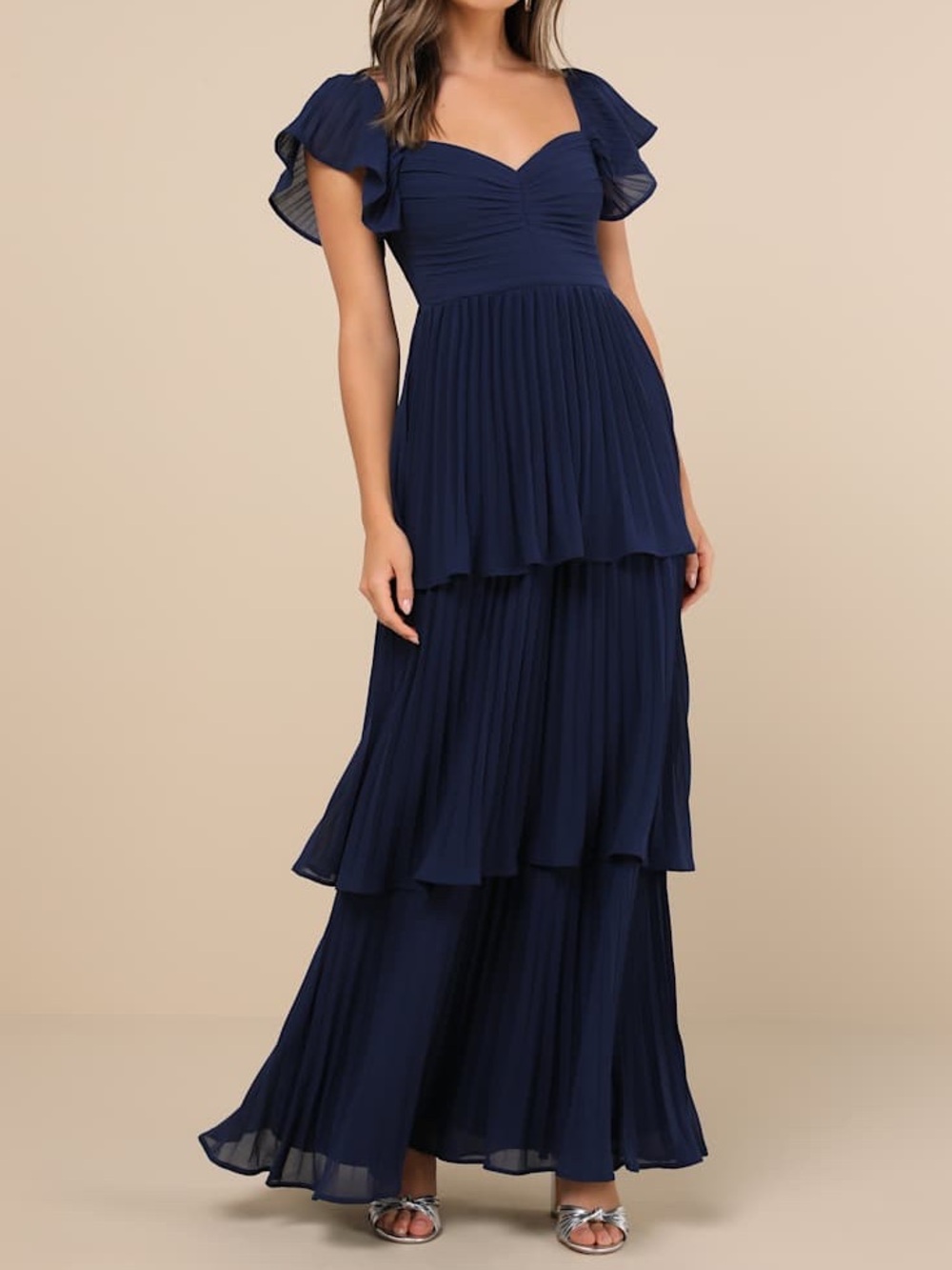 Lulu’s navy blue Notorious Charm Pleated Flutter Sleeve Maxi Dress Women’s L NWT